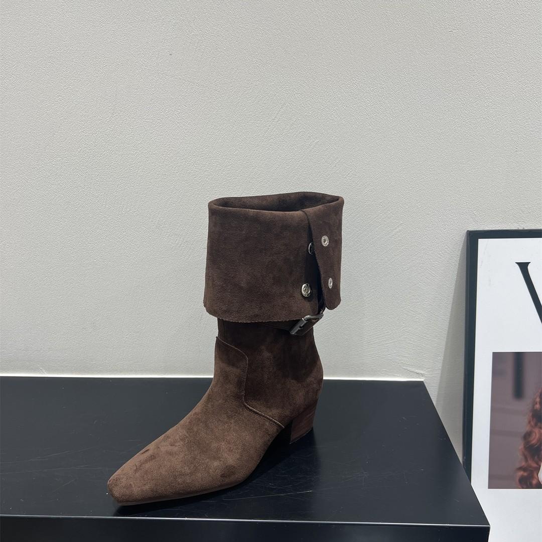 High Heel Suede Pointed Pile Boots Medium Knight Boots Season Brown Long Skinny Boots 35