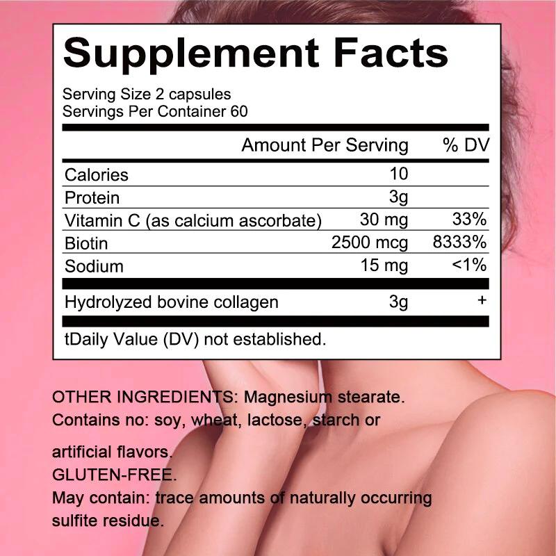 Bcuelov hydrolysierte Kollagenkapseln mit Vitamin C und Biotin pflegen Haut, Haare, Nägel und stärken das Immunsystem 120 Kapseln