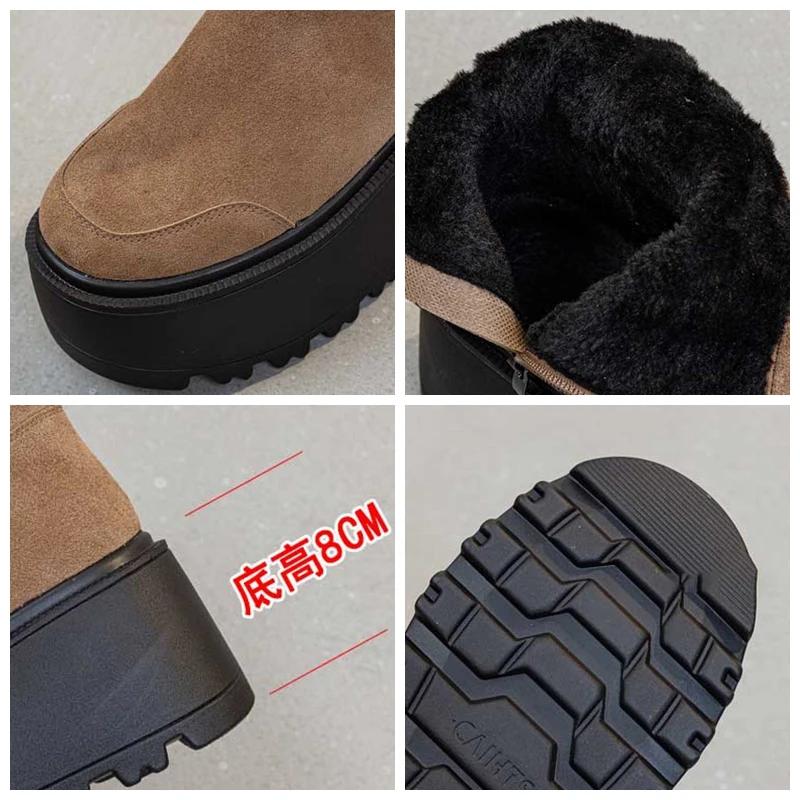 Móda 8cm Semišová Hovězí Pravá Kůže Jaro Zima Plyšové Boty Podzimní Kozačky Dámské Kotníkové Kozačky Mokasíny Módní Dámské Komínové