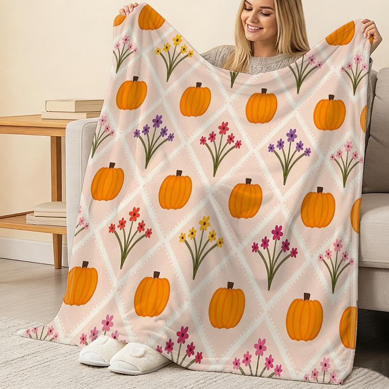 Plush Flannel Throw Blanket | Pumpkin Floral Design, Machine Washable, Soft Cozy & Skin-Friendly, Great for Home, Office Napping