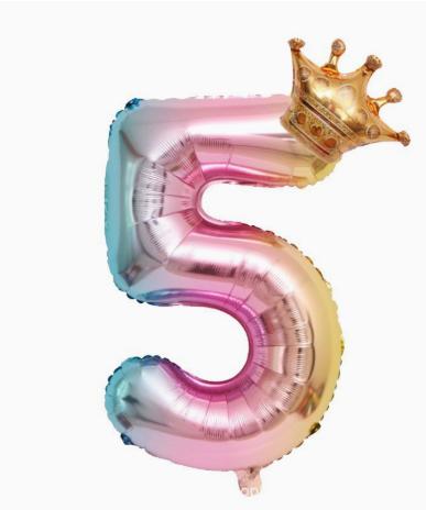 

32 Inch Gradient Number 5 Foil Balloon with Crown Shape Suitable for Birthday Party Decoration and Event Celebrations One Size