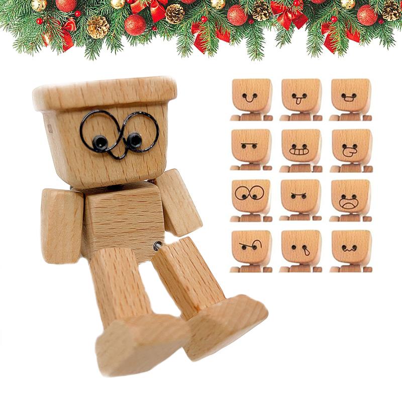 Christmas Shaking Wooden Man, Shaking Wooden Man Figurine With 12PCS Magnetic Expressions, Charming Little Wood Figure