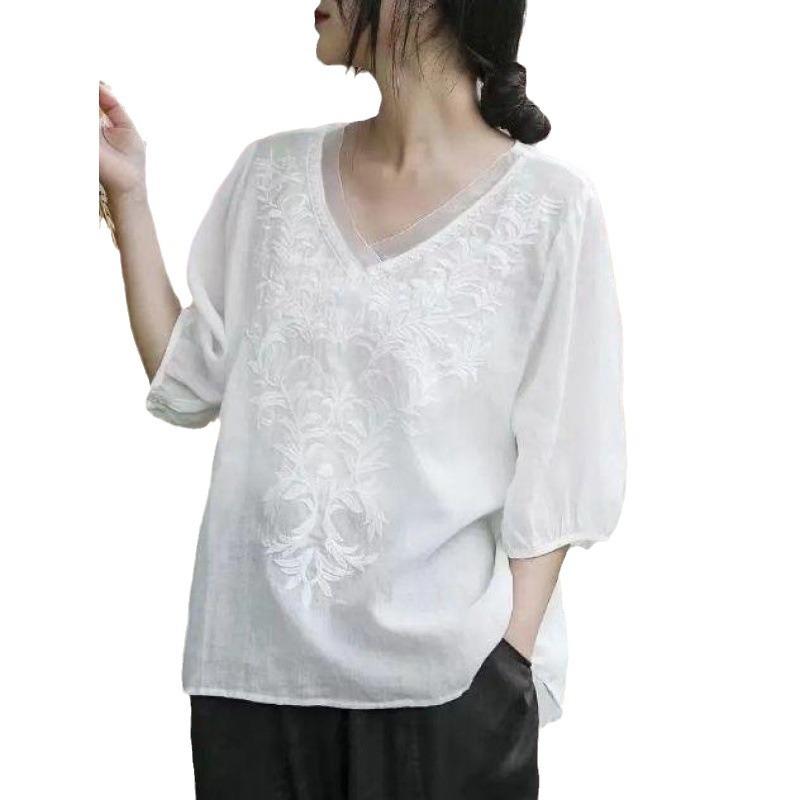Women Summer New Navy Blue V Neck Floral Embroidery Three Quarter Sleeve Casual Blouse