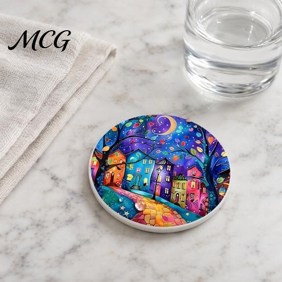 Easy Clean Car Coasters 2PCS Coasters, Oil Painting Print, Decorative Non-Slip Thermal Pads, Stain-Resistant Modern Accessory Gift to Cup Holders, for