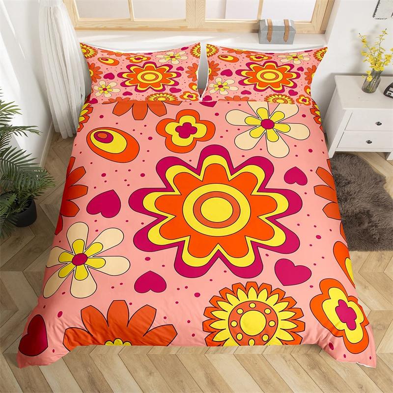 Retro Hippie Flower Duvet Cover Rainbow Floral Bedding Set Polyester Cartoon Ghost Comforter Cover Set 60S 70S Groovy Bedclothes