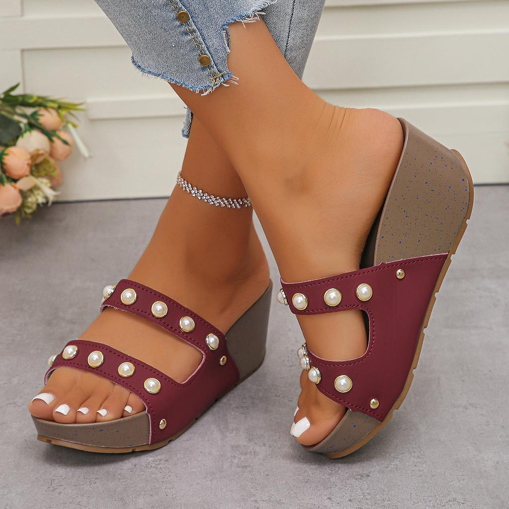Fashion Summer Women's Platform Open Toe Wedge Sandals Thick Sole Peep-Toe Studded Hollow Out Design Slippers