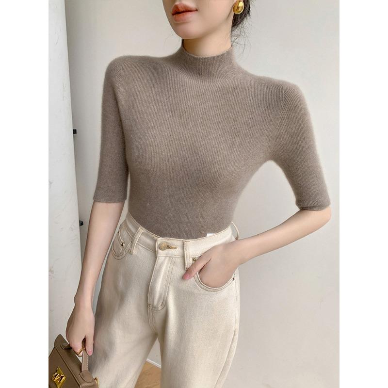 Five-quarter-sleeved Bottoming Shirt Women's Semi-turtleneck Inner Fit Slim-fitting Spring and Autumn with Coat New Knitted Sweater Top Half-sleeved