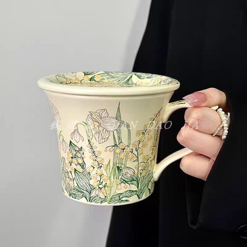 Vintage Ručně Malovaný Kreslený Květ Velkokapacitní Hrneček Keramický Šálek Šálek na Kávu Šálek na Vodu Suvenýr Snídaňový Šálek