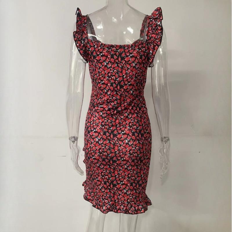 Summer Women Floral Print Butterfly Sleeve Bodycon Dress Ruffle V Neck Bandage Casual Short Sundress Female Beach Spaghetti Strap Mini Dress