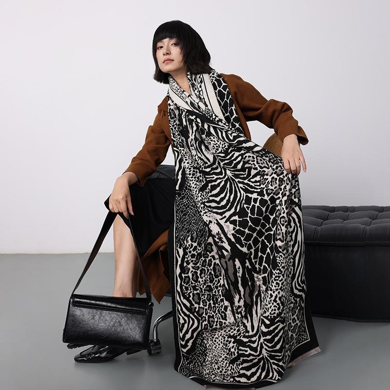 New imitation cashmere leopard print scarf women's fashion retro cream style warm scarf shawl W