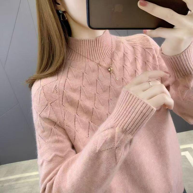 Women's Loose Half-High Neck Knit Sweater - Solid Color, Versatile Autumn/Winter Pullover