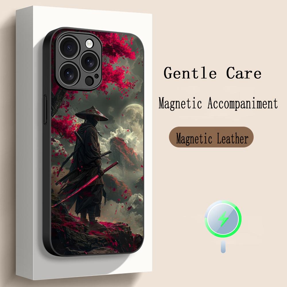 Fantasma cool japanische Samurai-Malerei Handyhülle Für iPhone 17 16 15 14 13 12 Plus Pro Max High-End Luxus Magsafe Schaffell