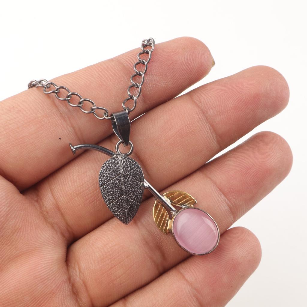 Pink Cat's Eye Pendant 925 Sterling Silver Beautiful Gemstone Jewelry For Gift PP-55-28