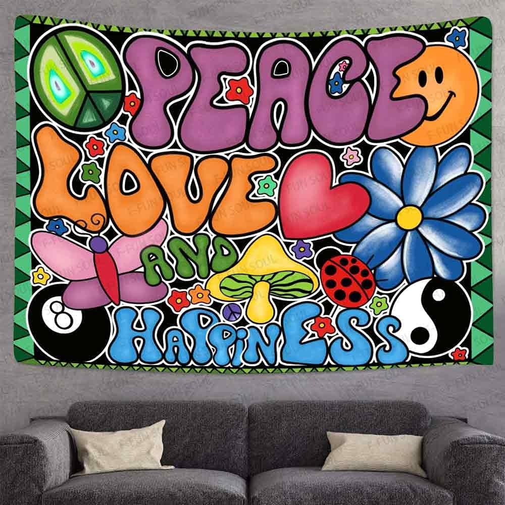 F-FUN SOUL Peace Love and Happiness Tapestry Groovy Tapestries, 40x30inches, 70s Theme Tapestries Hippie Aesthetic Tapestry Wall Hanging for Bedroom