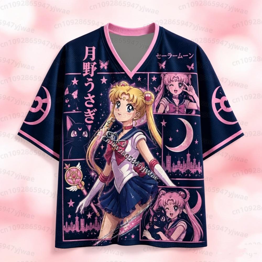 26 Camiseta de Malla Anime Sailor Moon Estampado Tsukino Usagi Cuello en V Manga Corta Camiseta para Mujer Hombre Ropa Urbana Harajuku Camiseta para Hombre