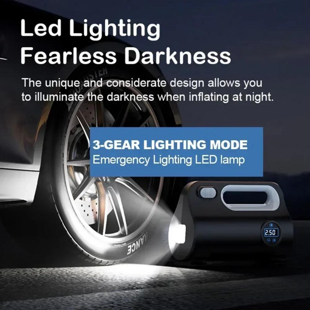 Portable Vehicle Air Compressor, 12 V DC, Tire Inflator, Digital Pressure Gauge, LED Light, Car, Motorcycle, Bicycle, Ball