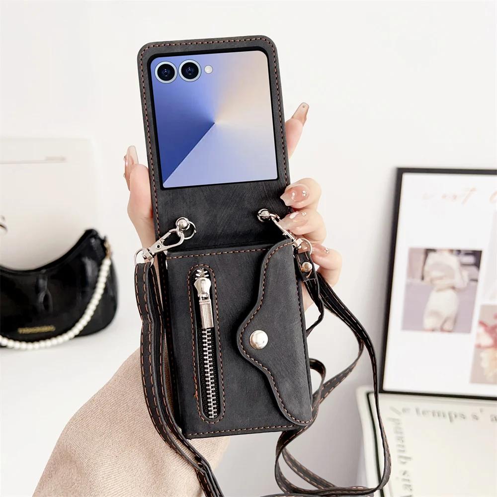 Leather Crossbody Zipper Wallet Phone Case for Samsung Galaxy Z Flip Card Holder Cover for Models 7 6 5 4 3 Flip7 FE Flip6 Flip5