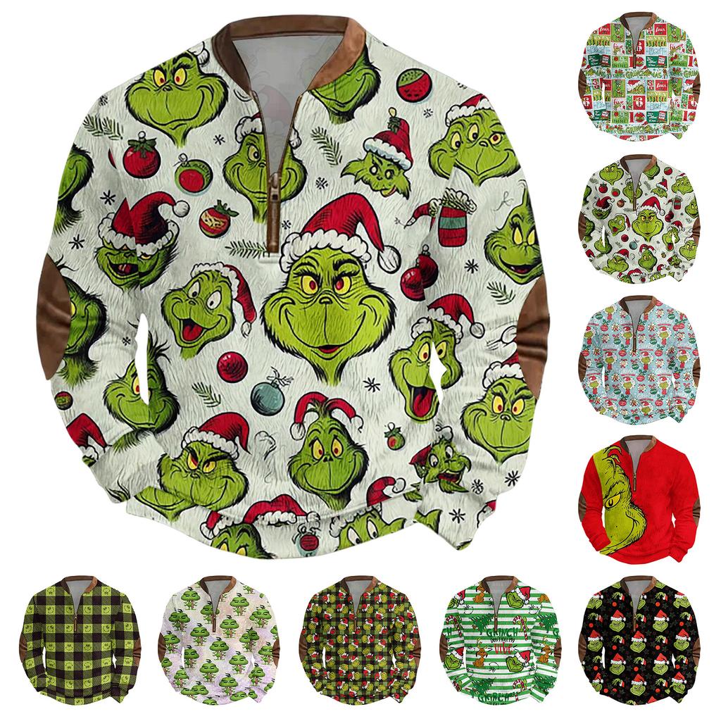 Men's Casual Cartoon-printed Semi-zipper Flannel Retro Long-sleeved Sweatshirt