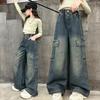 Girls Cargo Demin Pants Kids Casual Wide-legged Jeans Teenagers Fashion Streetwear Baggy Trousers Children Clothes 5-14 Years