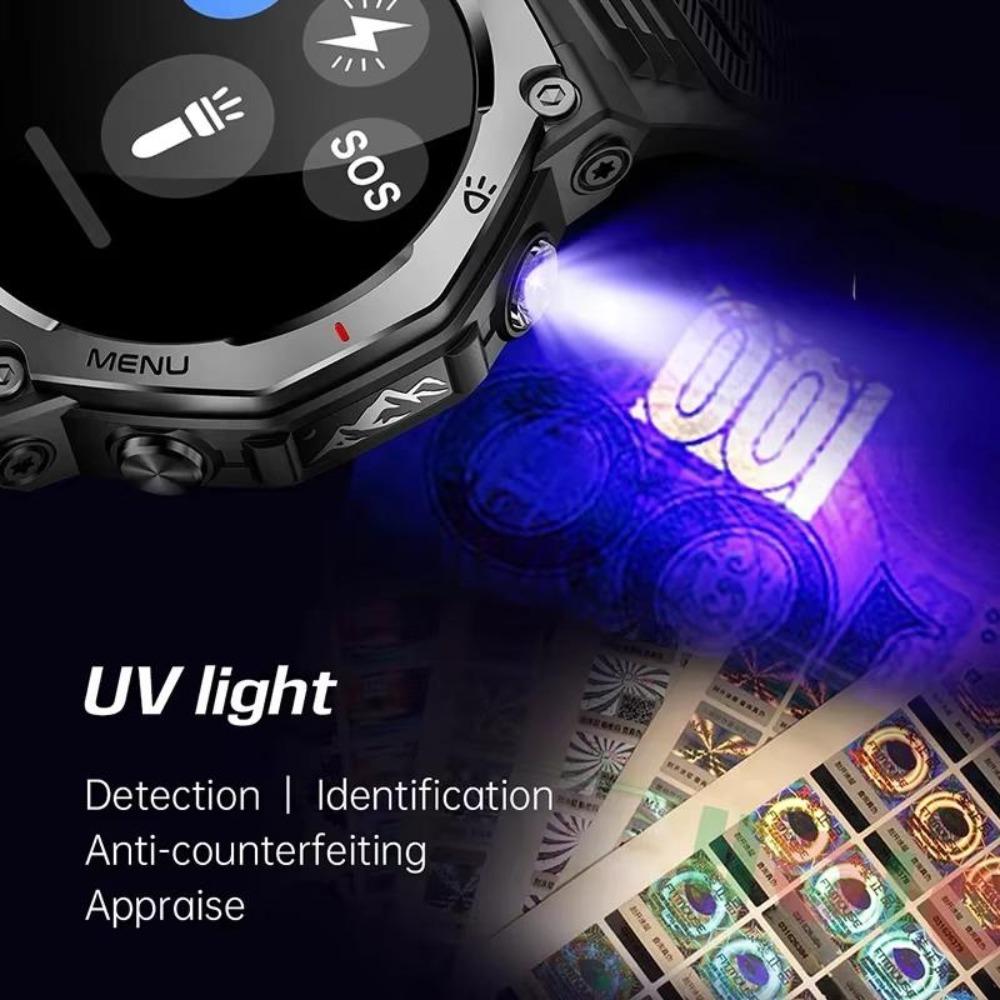 2026 New Flashlight-UV Light Smart Watch 5ATM Waterproof 1.43 Inch AMOLED Heart Rate 100 Sport Modes Bluetooth Call Smart Watch