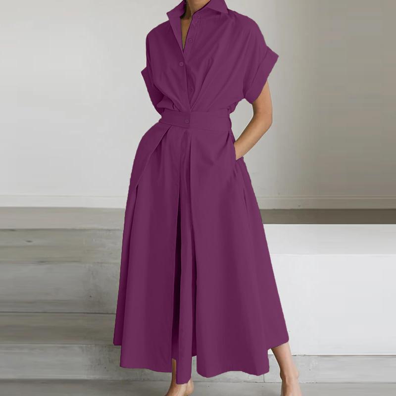 ZANZEA Women Turn Down Collar Short Sleeve Casual Long Shirt Dress