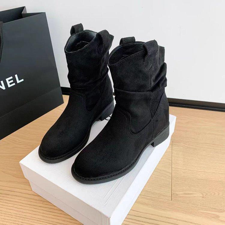 Retro Round Head Stacking Boots 2025 Autumn New Ins Style High Heel Western Cowboy Knight Boots Medium Boots Short Boots