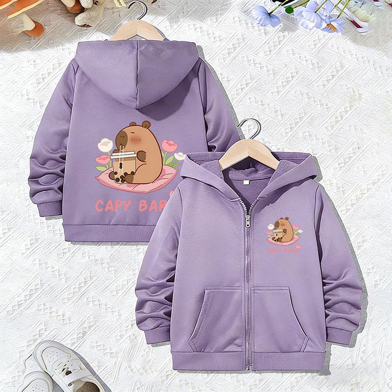 Sudaderas con Capucha Estilosa Chaqueta de Capibara para Niños Niñas Cremallera Primavera y Otoño Moda Manga Cartoon Cremallera Niños