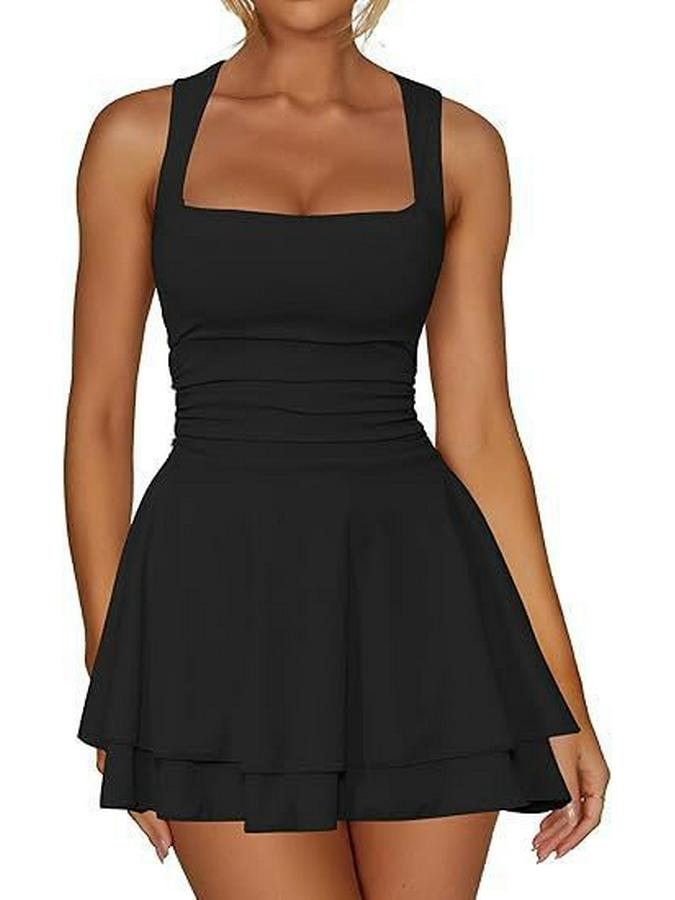 European & American Square Neck Mini Dress with Pleated Hem and High Waist - Women's Fashion 2026