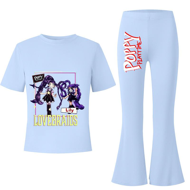 2pcs Kids Girls Lily Lovebraids Printed Casual Short Sleeves T-shirt Top Flared Trumpet Trousers Top Pants Sets