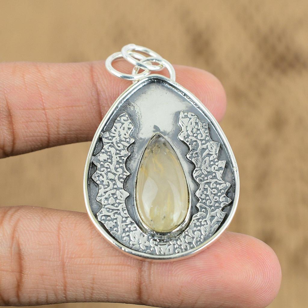 Mothers Day Sale Plume Agate Gemstone 925 Silver Engagement Wife Wedding Pendant