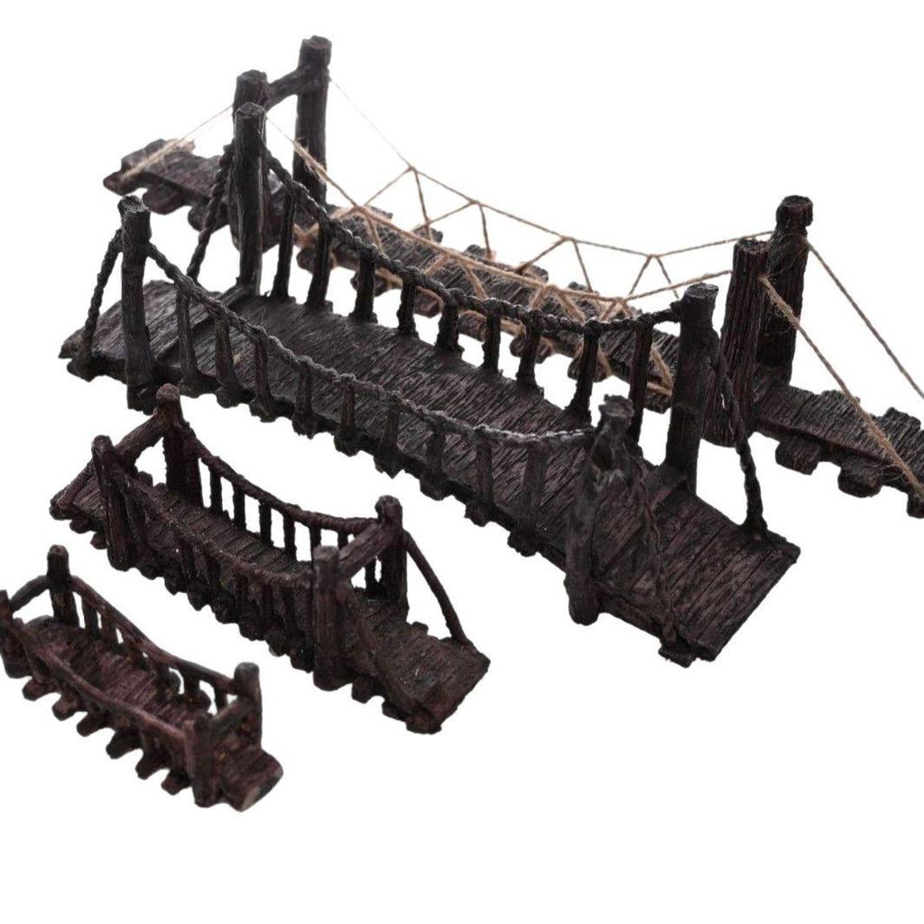 Fish Tank Decor: Artificial Mountain & Wooden Suspension Bridge Set