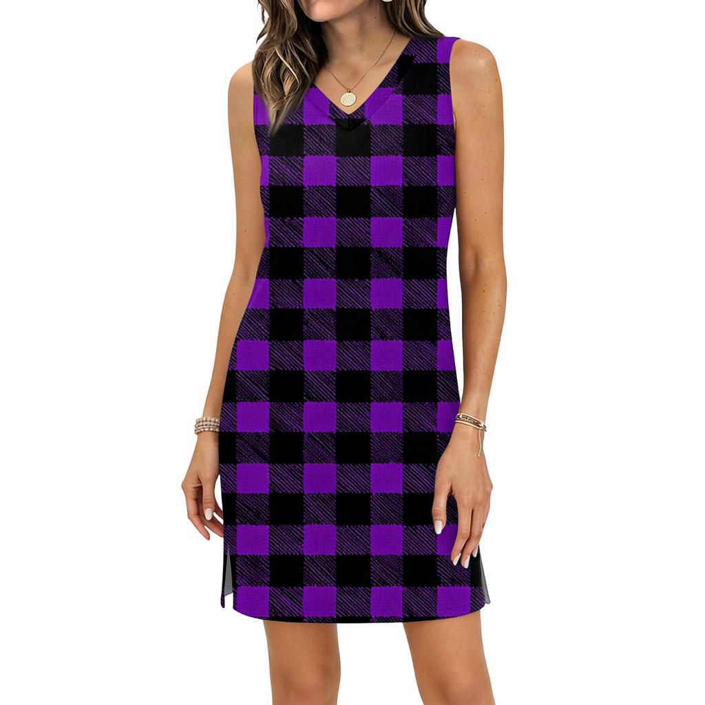 Women's Casual V-neck Sleeveless Split Hem Plaid Print Dress
