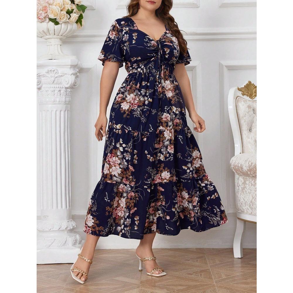 Mode Zomer Casual Jurk V-hals Korte Mouw Print Patchwork Trekkoord Grote Maten Casual Jurken voor Vrouwen