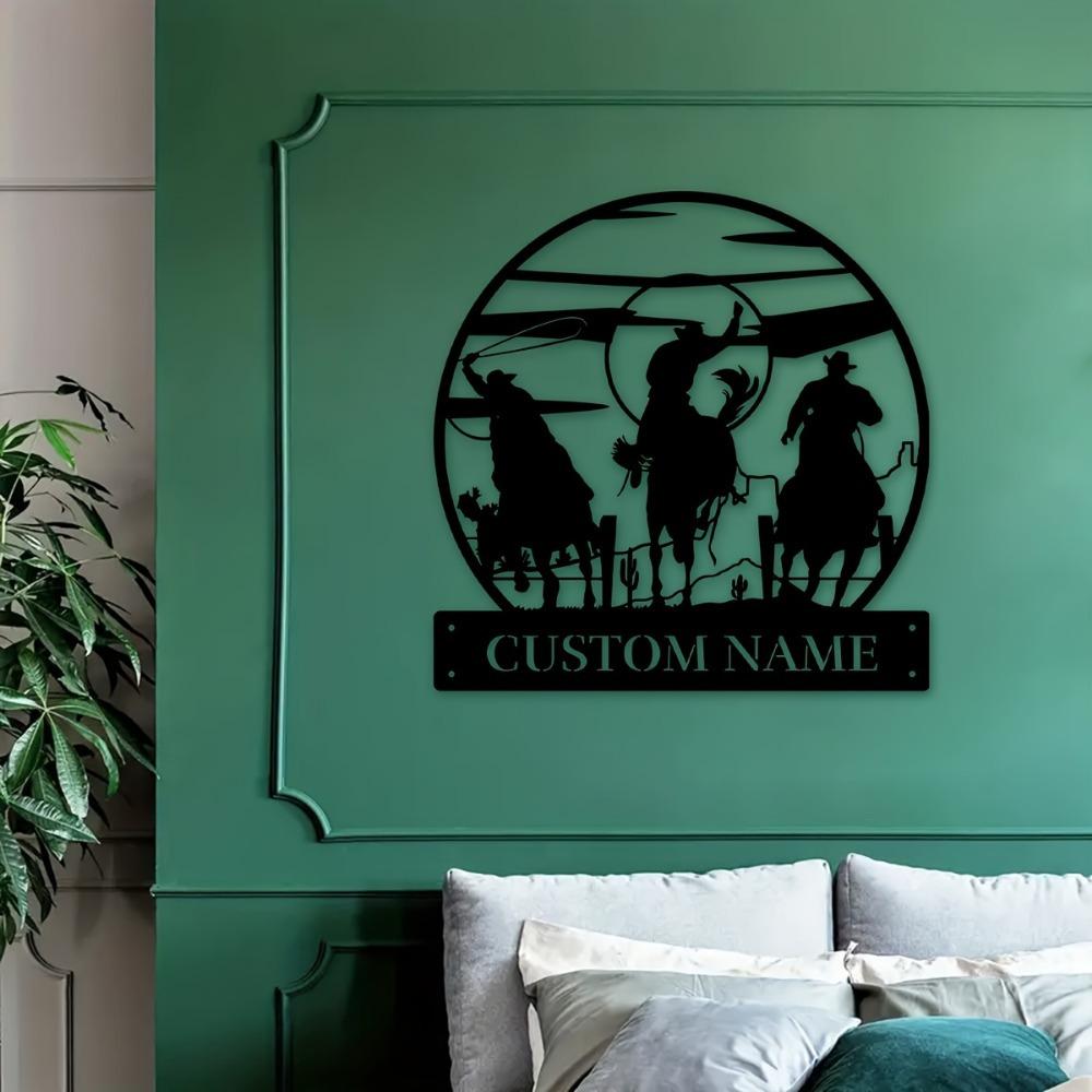 1pc Metallic Custom Prairie Horseman Wall Art, Personalized Handmade Name-Engraved Sign, Rustic Decor for Entryway, Terrace or Gift, Wall Sculpture