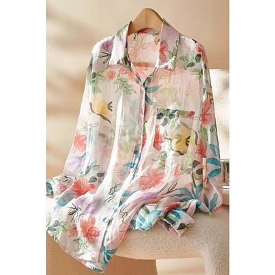 Women's Sheer Floral Print Chiffon Shirt Loose Long Sleeve Casual Blouse