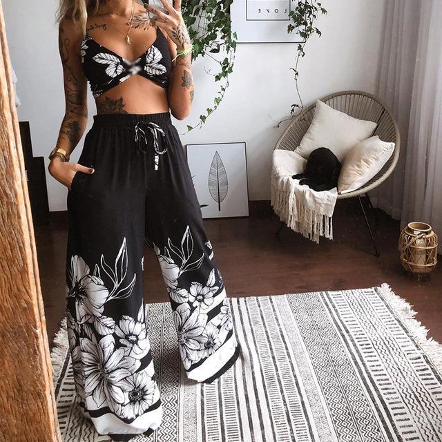 Women Pants Sets Butterfly Print Drawstring Twisted Tube Top Loose Wide Leg Ladies Suit Summer Sleeveless Beach Female Outfits