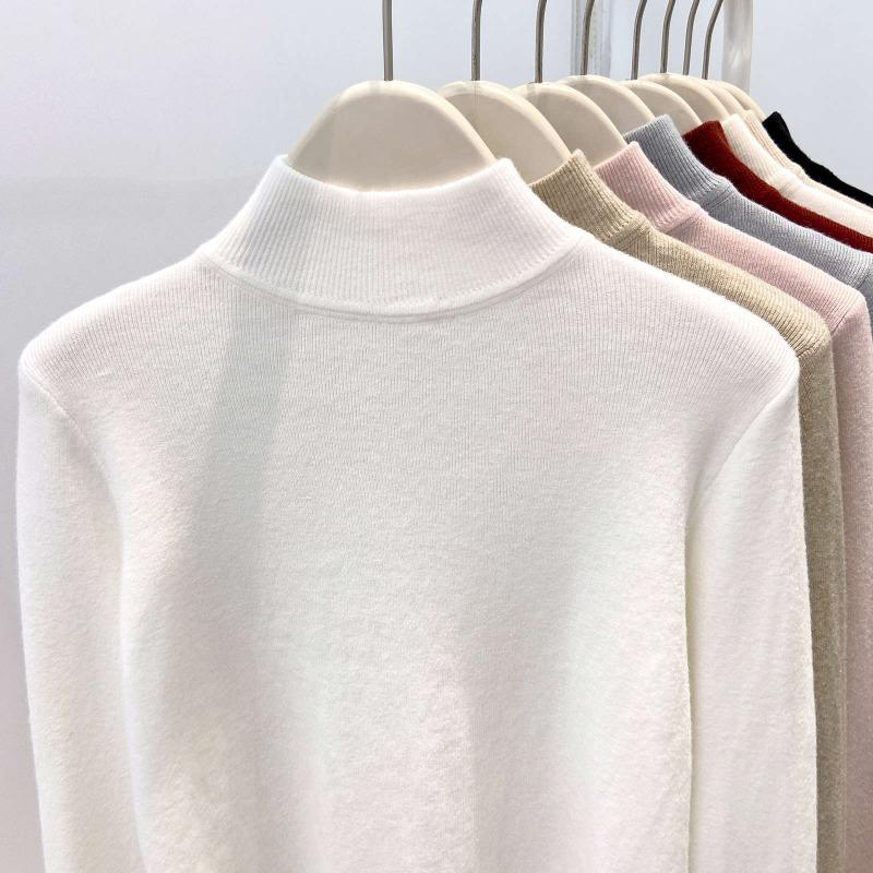 Angola red knitted bottoming shirt women's autumn and winter semi-turtleneck slim-fitting top soft waxy sweater