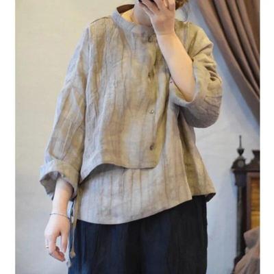 Irregular Linen Collar Vintage Style Shirt Autumn Woman New Distress Loose Solid Color Casual Shirt