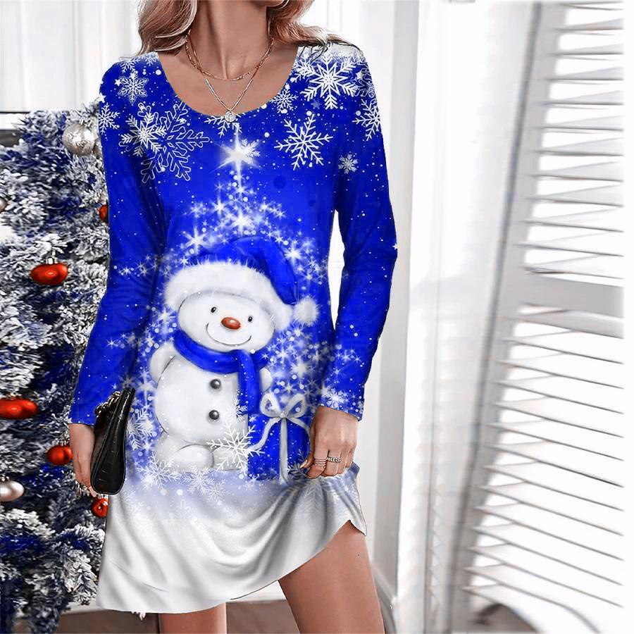 Christmas Snowman Pattern Women Fashion Mini Dresses Autumn Winter Long Sleeve 3d Printed Street Christmas Style Ladies Dress