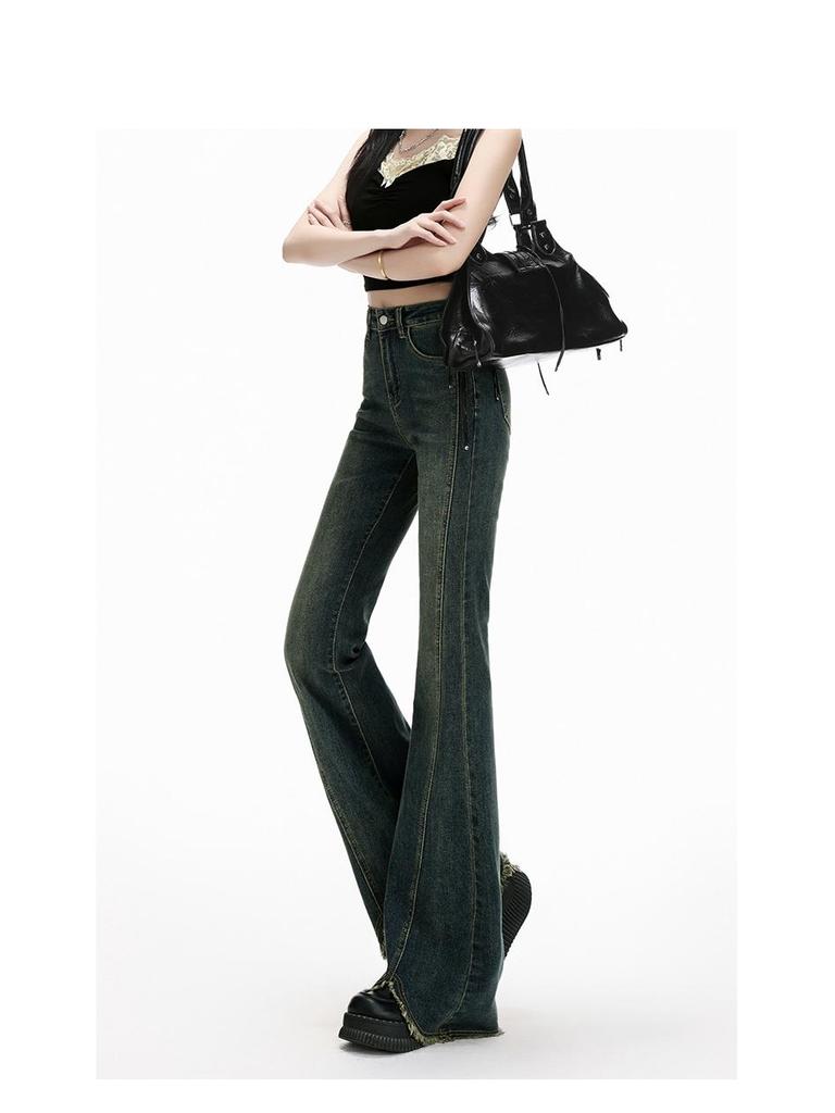 Damen High Waist Retro Schlagjeans - Herbstkollektion 2025: Dehnbare Schlankmachende Bodenlange Hose