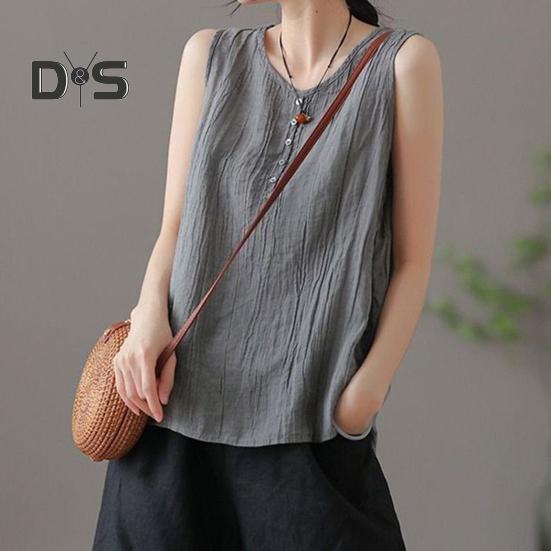 Dámská letní vesta s kulatým výstřihem, bez rukávů, s knoflíkovou ozdobou, tílka jednobarevná, volného střihu, tenká, tílko, streetové oblečení