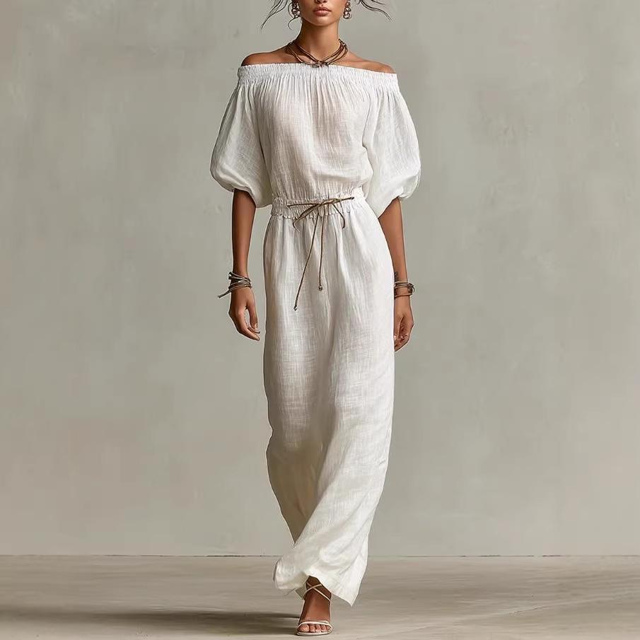 Amazon European and American Cross-border Summer New Elegant Casual Solid Color Medium Sleeve One-word Collar Women's Dress