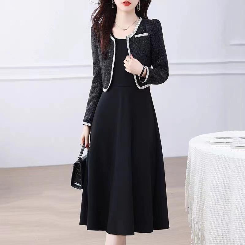 

2025 Осень Новое платье-костюм из твида Xiaoxiangfeng, элегантный короткий кардиган из двух частей с длинными рукавами 2XL чёрный
