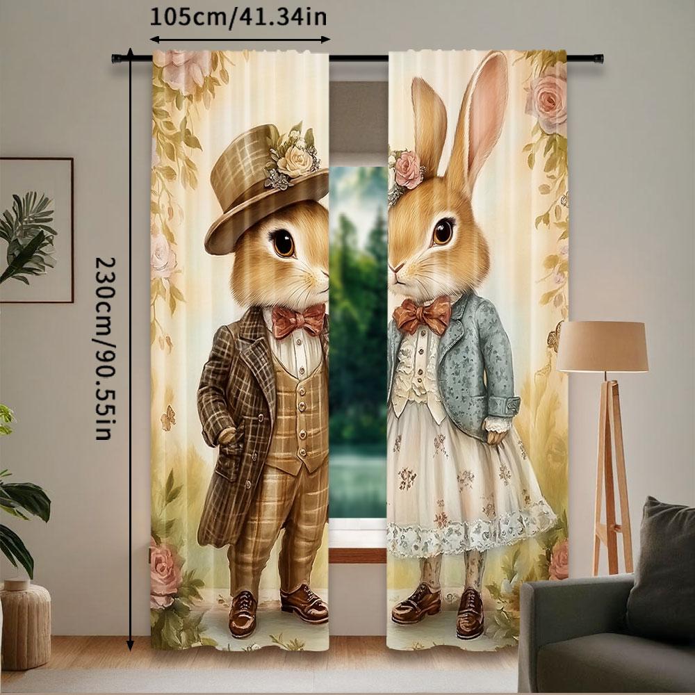 2Pcs Easter Rural Rabbit Couple Printed Curtains Living Room Game Room Bedroom Multi Scene Decorative Curtains Home Decoration