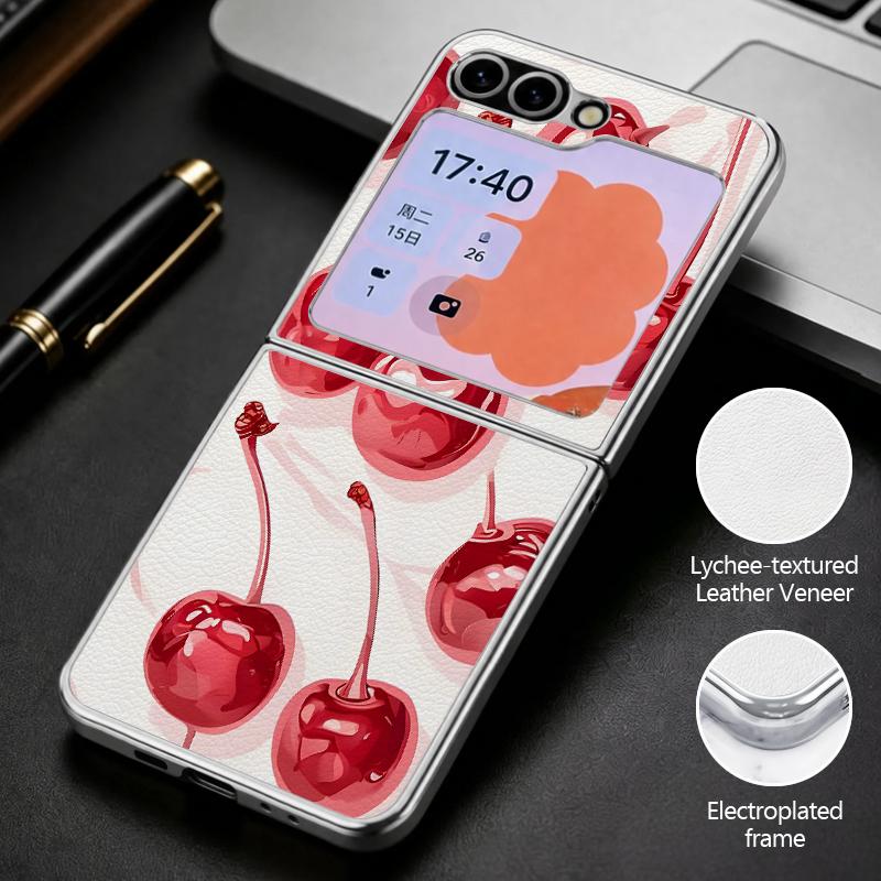 Polka Dot Cherry Print Case For Samsung Z Flip 8 7 6 5 Luxury Plating Leather Skin Folding Phone Cover For Galaxy Z Flip8 Flip7 Flip6
