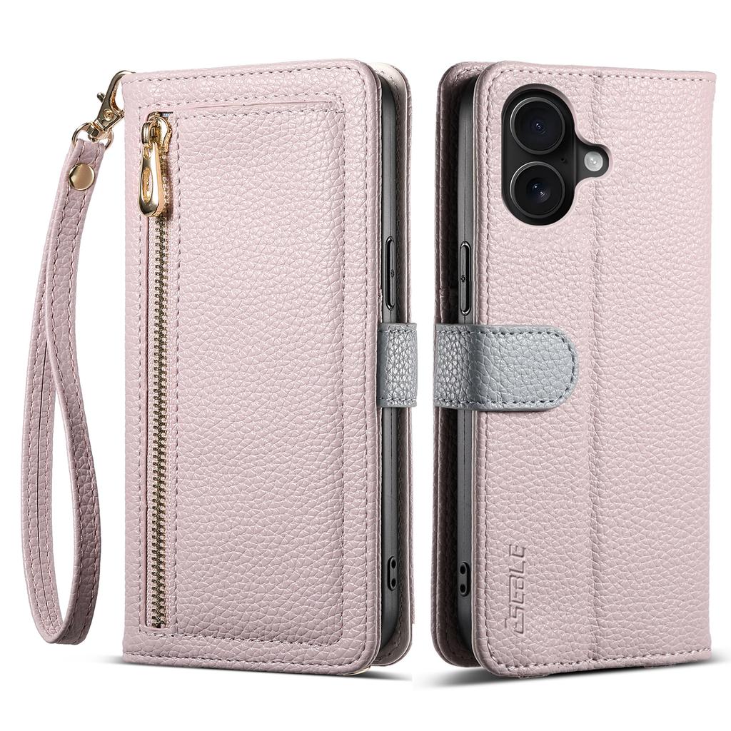 ESEBLE E11 For iPhone 16 Case Zipper Pocket Litchi Texture Leather Phone Cover with Mirror and Wrist Strap