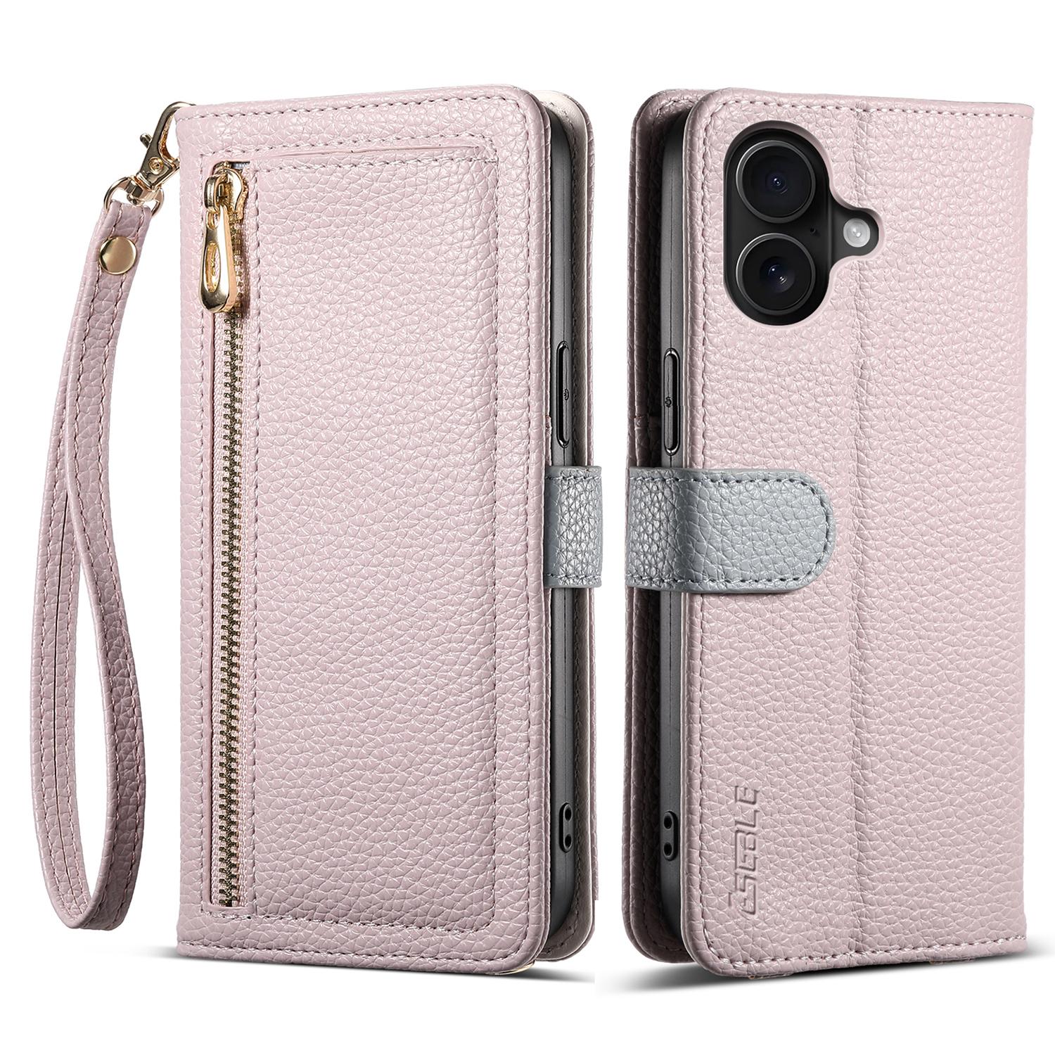 

ESEBLE E11 For iPhone 16 Case Zipper Pocket Litchi Texture Leather Phone Cover with Mirror and Wrist Strap Light Purple