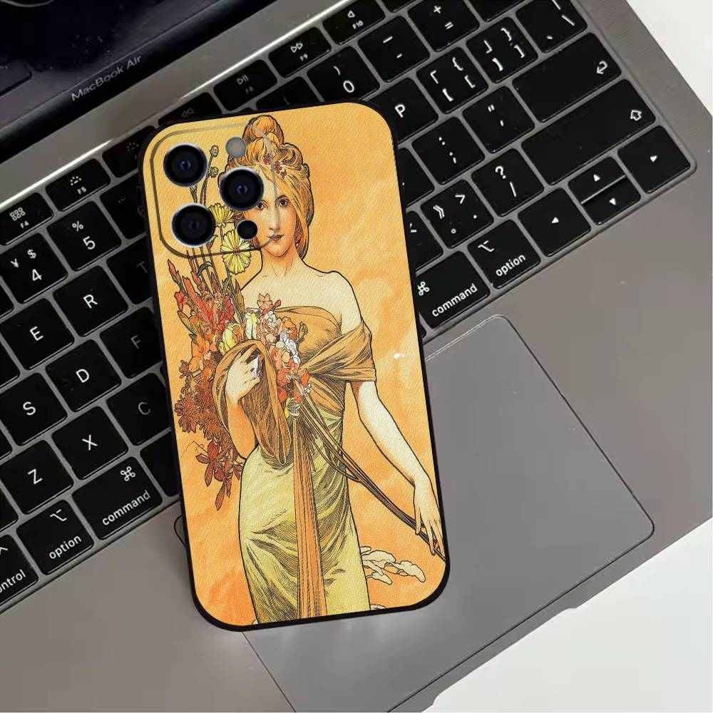 V-Vintage A-Alphonse Mucha  Phone Case For iPhone 17,16,15,14,13,12,11 Plus,Pro Max,XS,Soft Silicone Black Cover