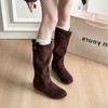 Fashion 2025 Fashion Genuine Leather Long Tube Boots Western Faux Fur Lined Thi Heel Autumn Winter Versatile Slimming Knight Boots