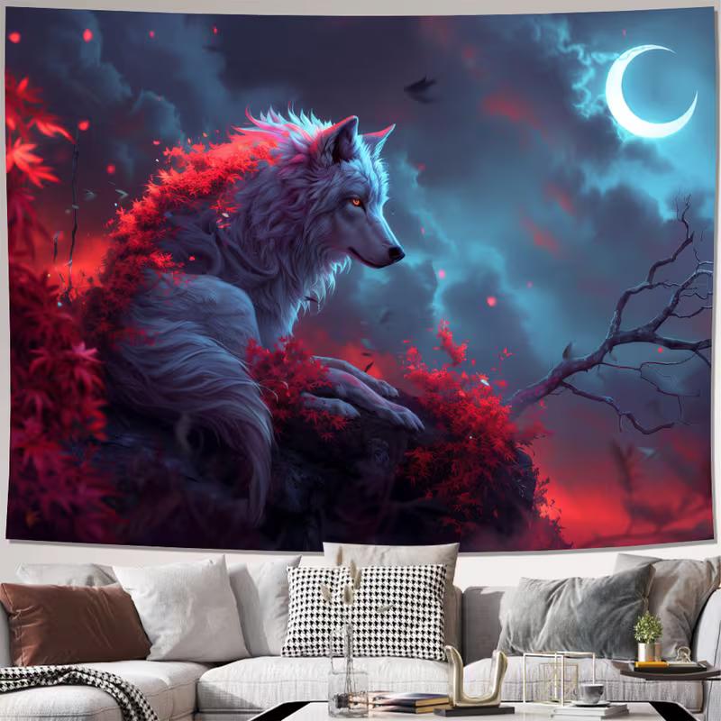 

2D Fantasy Night Wolf Tapestry, Blue Moonlit Sky with Red Foliage Wall Art Home Decor 47.2x31.5inch/120*80cm